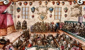 Aspecto del salon del palacio comunal en la disertacion de Laura Bassi 1732 230